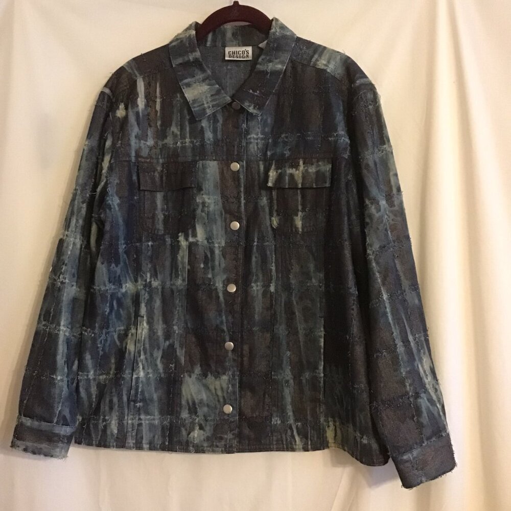 CHICO's Distressed Dark Blue Wash/Copper Lame Button Denim Jacket SZ 2 MED 10/12